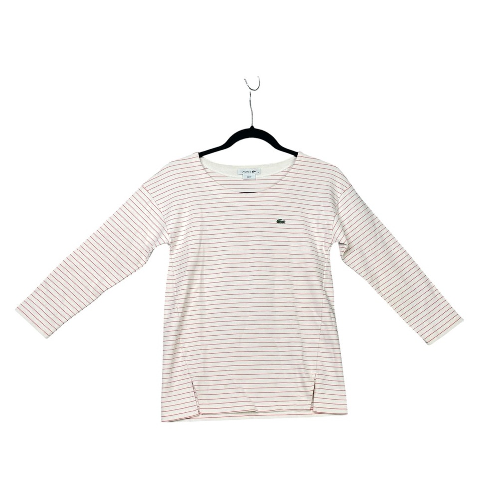 Lacoste Women white Red Striped 3/4 Sleeve Top T Shirt Size 34 Crew Neck Cotton